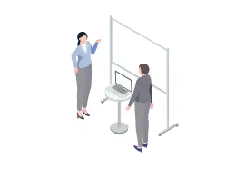 プロジェクターやホワイトボードを使ってプレゼンを行うビジネスパーソンのイラスト